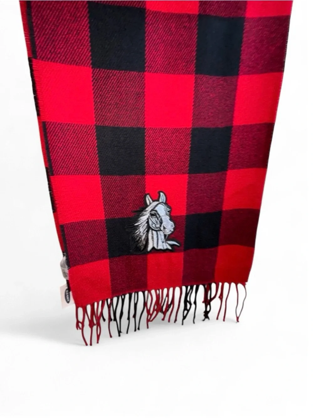 Old Navy Red and Black Plaid Wool-Blend Fringe Scarf